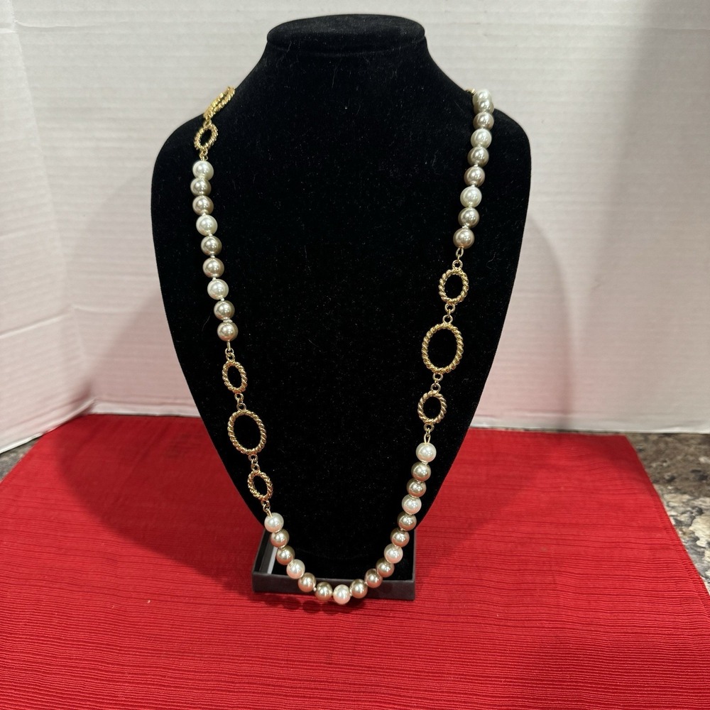 Vintage Faux Knotted Pearl Cream & Taupe Gold Tone Chain Links Long Necklace 38"